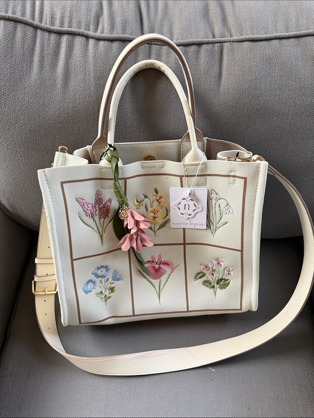 Nanette Lepore Cream Floral Canvas Tote with Pink Charm